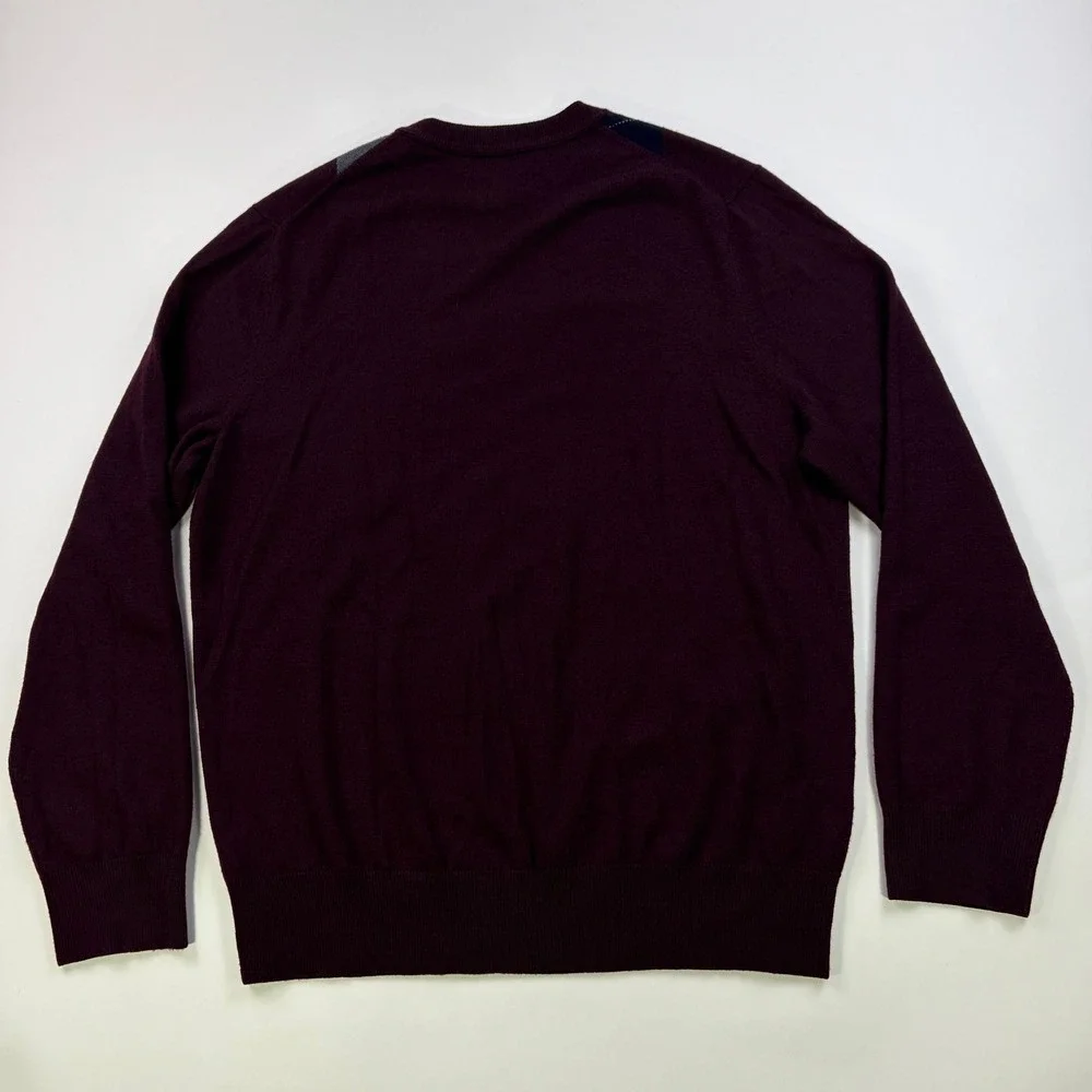 Banana Republic Argyle V-Neck Sweater Mens Large Burgundy Extra Fine Merino Wool